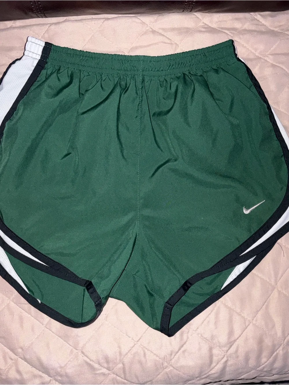 Nike Women's Forest Green Athletic Shorts with Black & White Trim